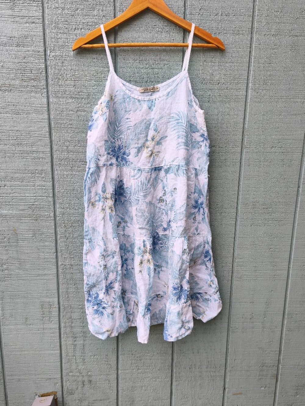 Valentina Naldi Italian 100% Linen Floral Tiered Mini Dress sz M Blue White